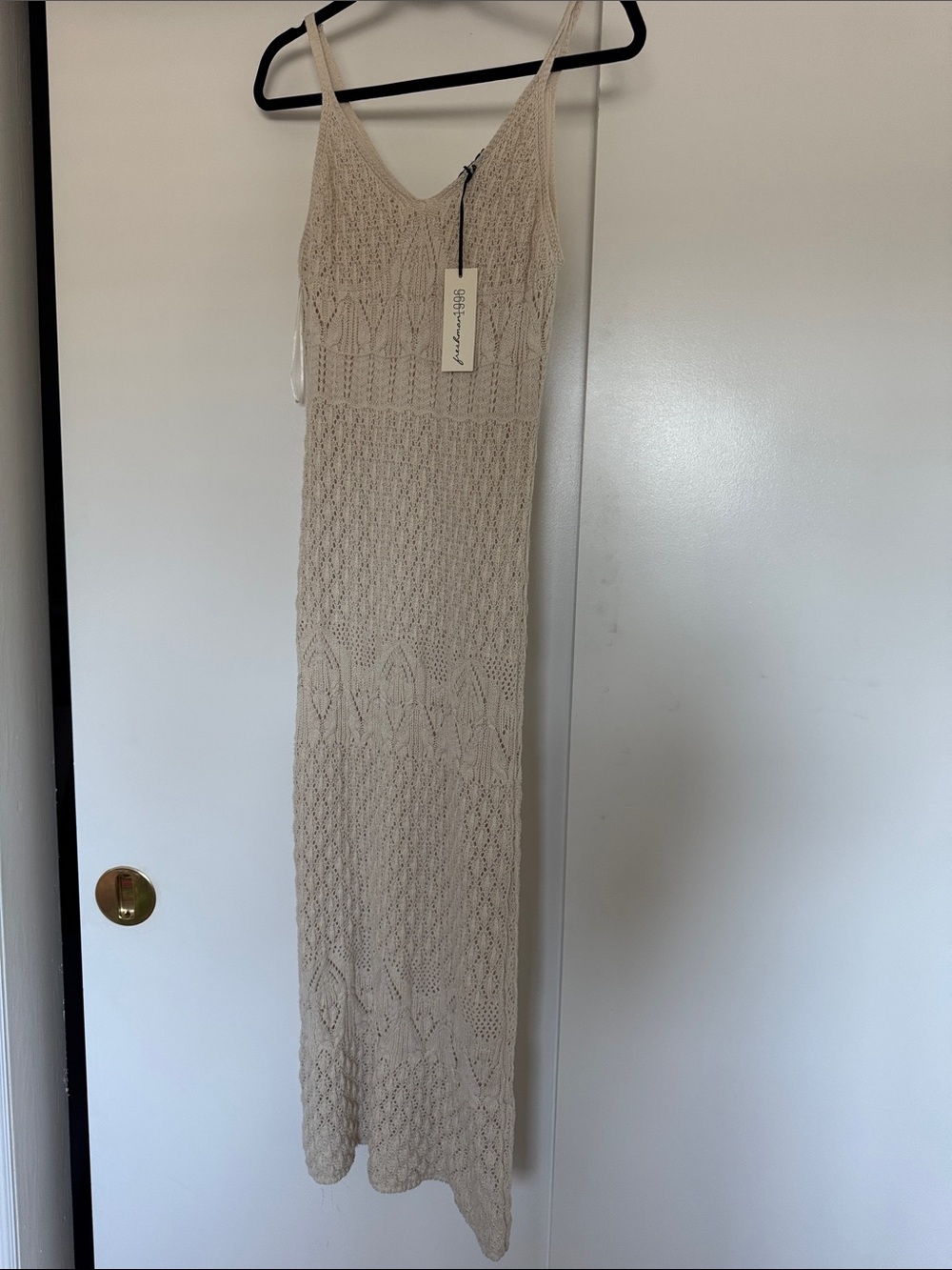 Freshman 1996 Cream Crochet Midi Dress with Spaghetti Straps